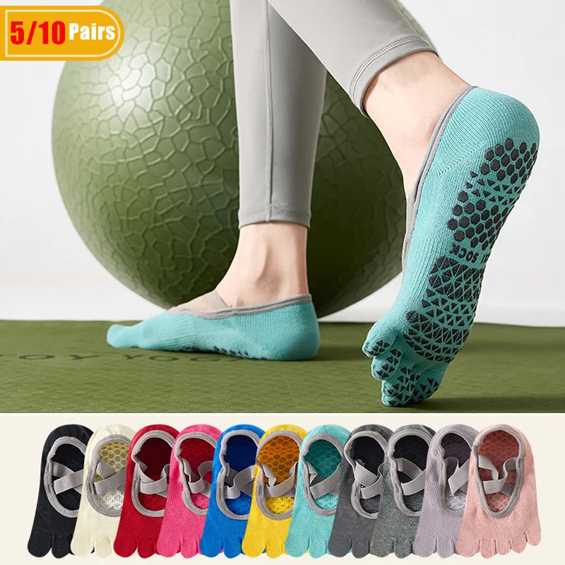 Pilates Is Yoga - 5/10 ペアの女性用コットンヨガ 5 本指ソックス汗吸収ソフト滑り止めシリコンカジュアルピラティスジムボートトゥノーショーソックス